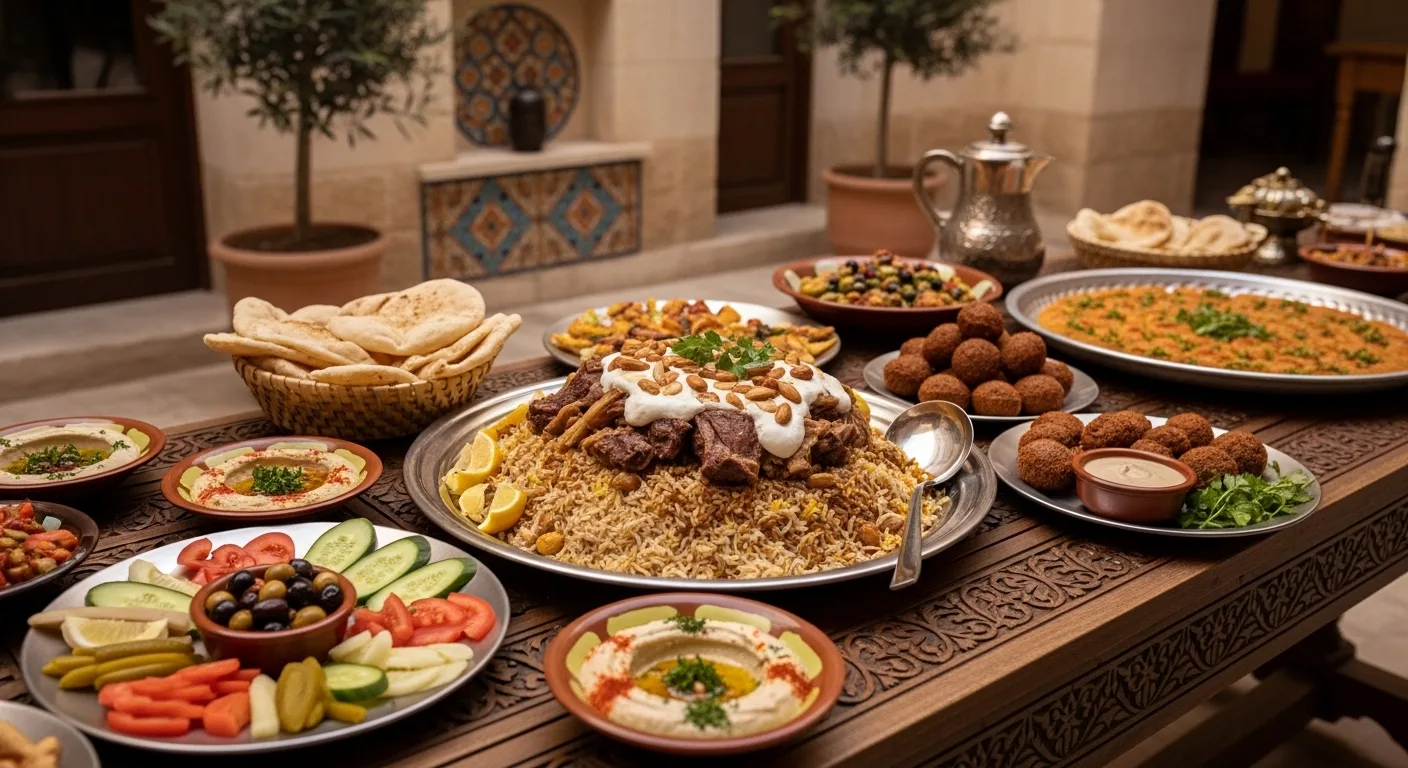 Plat de mansaf traditionnel jordanien avec riz, agneau et yaourt jameed sur une table familiale