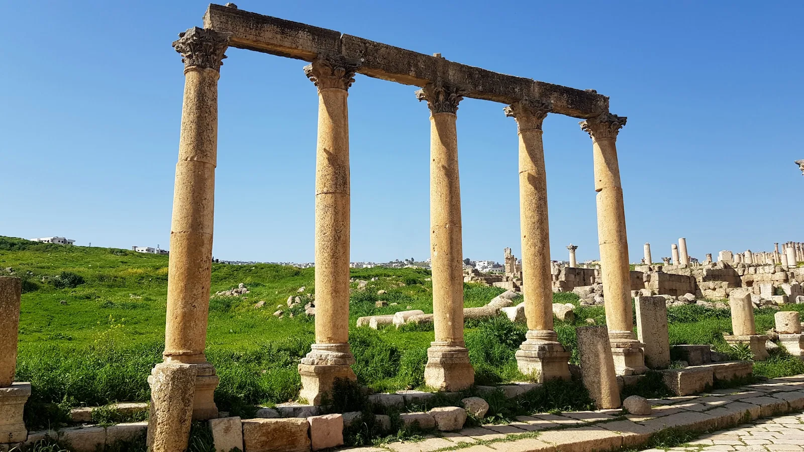 Le forum ovale et la colonne de la citadelle de Jerash, ancienne cité romaine en Jordanie